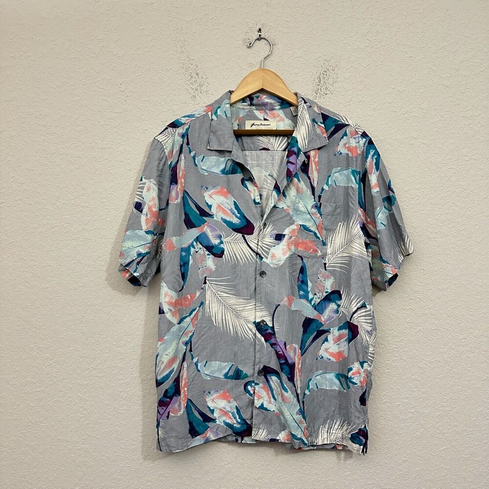 NWOT TOMMY BAHAMA Silk Feathers Print Hawaiian Short Sleeve Shirt in Grey